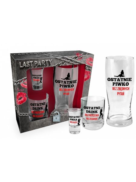 NIEZBĘDNIK KAWALERSKI zestaw szklanka do piwa 400ml, szklanka do whisky 270ml kieliszek do wódki 35ml (czerwono-czarny)